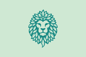 A minimalistic lion head logo made from green leaves, symbolizing strength and nature. The design is clean, modern, and eco-friendly, set against a dark background.