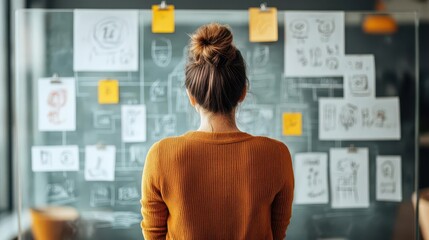 A creative professional writing Innovation on a glassboard surrounded by sketches