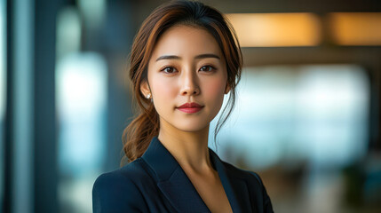 Naklejka premium Professional Asian Businesswoman in Modern Office Setting Confident and Focused, Business Attire, Corporate Environment, Executive, Leadership Concept, Empowerment in the Workplace