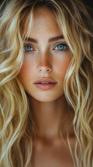 Naklejka premium Stunning Close-Up Portrait of Blonde Woman With Freckles and Blue Eyes in Natural Light for Fashion and Beauty Concepts