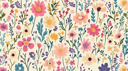 Seamless pattern of colorful flowers and leaves on a light background.