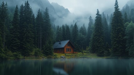 Fototapeta premium A cabin in the dense forest overlooking an alpine lake, foggy and rainy weather