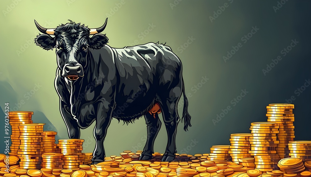 Wall mural powerful black bull beside towering stacks of coins, representing strength and financial prosperity 