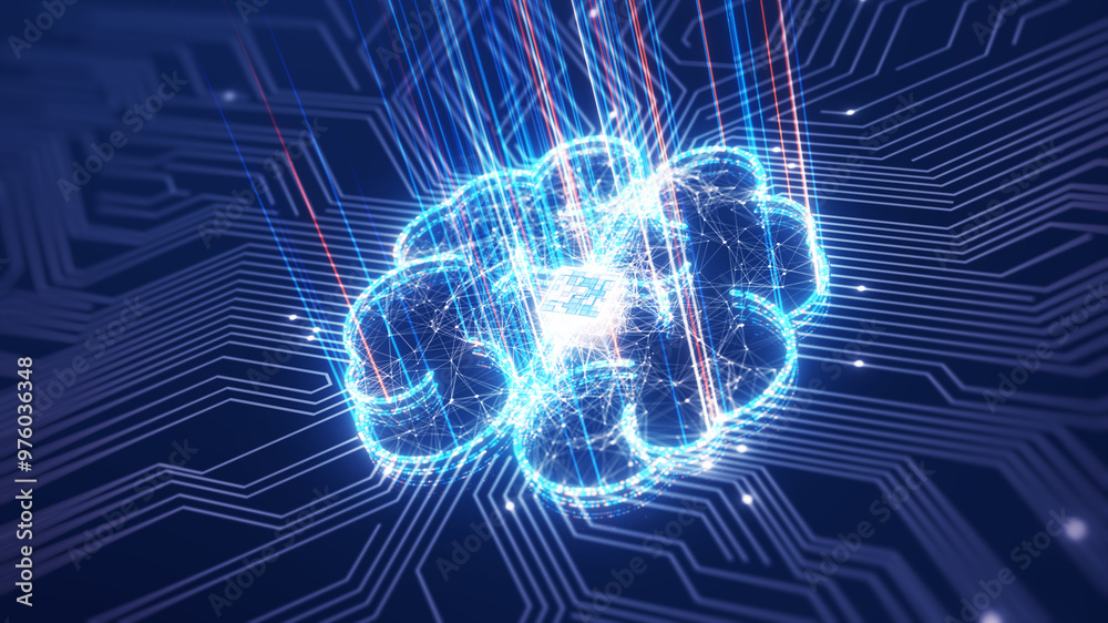 Poster abstract digital brain with circuit board and glowing connections symbolizing artificial intelligenc