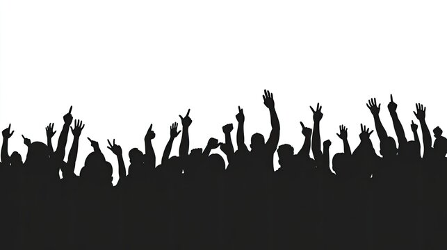 Silhouette of a large crowd of people with their hands raised in the air.