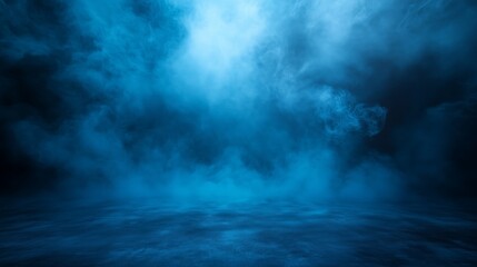Abstract background of blue color with dark gradient, smoky and smoke on the floor