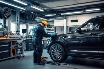 Fototapeta premium A mechanic in a protective helmet and gloves carefully inspects a vehicle inside a modern, well-equipped auto repair shop filled with tools and equipment.