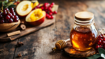 A group of fruit with honey on the table in a traditional Rosh Hashanah festival concept