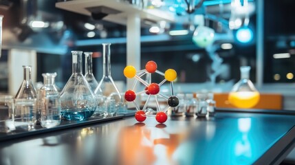A chemistry lab featuring colorful molecular models and glass flasks filled with liquids, representing scientific experiments and chemical research.