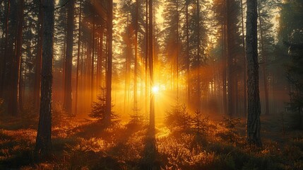 Fototapeta premium Golden Sunrise Through a Dense Pine Forest