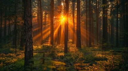 Obraz premium Golden Sunlight Streaming Through Dense Forest Trees