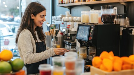 Smoothie bar employees preparing fresh juice and smoothies with colorful ingredients, showcasing healthy options in a vibrant, green-filled environment.