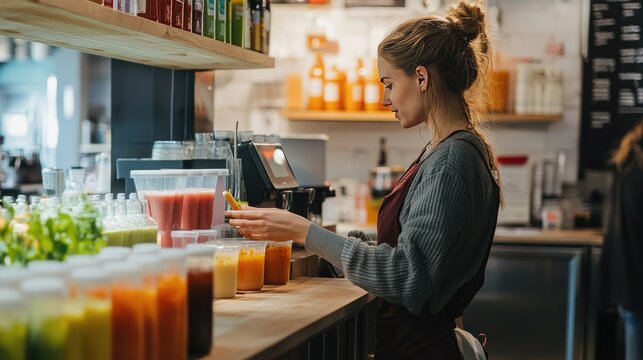 Smoothie bar employees preparing fresh juice and smoothies with colorful ingredients, showcasing healthy options in a vibrant, green-filled environment. - Powered by Adobe