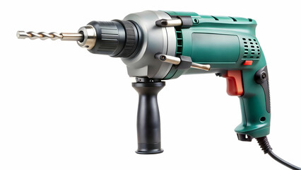 Cordless electric drill with a green and silver design.