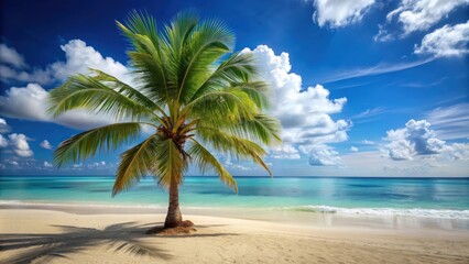 Fototapeta premium Seascape with palm tree on a sandy beach, perfect summer background, seascape, palm tree, beach, summer, ocean