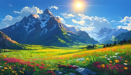 Majestic mountains and vibrant fields basking in sunlight, revealing natures breathtaking beauty and serene tranquility