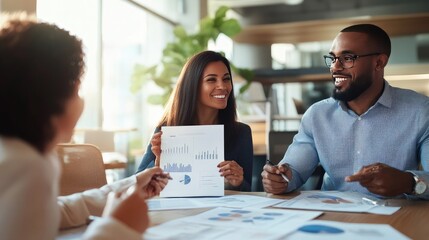 Group of colleagues in a modern office analyzing financial charts and graphs, collaborating on business strategies in a positive atmosphere.