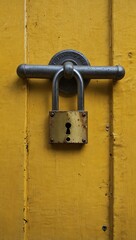 Bright yellow door secured with a small padlock.