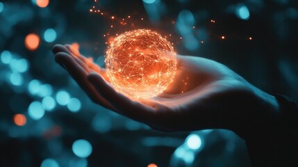 A hand reaching towards a glowing Bitcoin symbol surrounded by a futuristic digital network, representing cryptocurrency, blockchain technology, and decentralized finance.