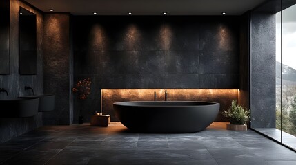 luxury bathroom interior design with bathtub, Modern, Elegance, Stylish Mid-Century Bathroom Design with Dark Aesthetic, architecture design, real estate housing project design