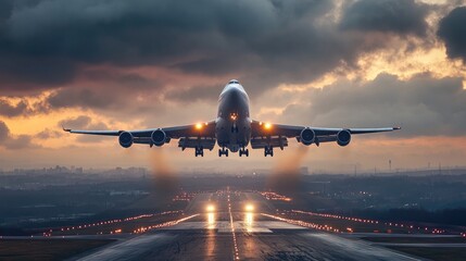 A large passenger airplane lifts off the runway during sunset, with dramatic clouds and runway lights creating a powerful aviation scene.