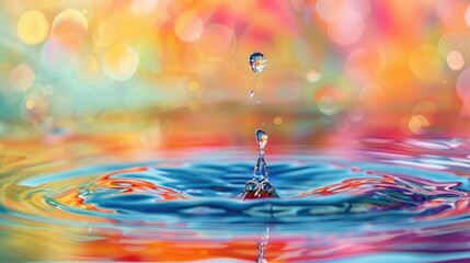 Close-up of a dynamic water splash with droplets frozen mid-air against a bright, colorful, and abstract background.