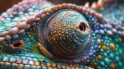 Naklejka premium A detailed macro shot of a colorful chameleon's eye and textured scales, showcasing its vibrant patterns and intricate skin structure.