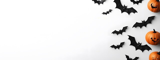 Fototapeta premium White Halloween Background with Orange Pumpkin and Black Bats