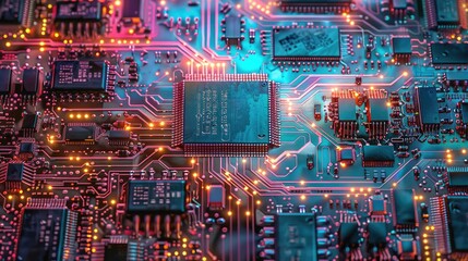 A detailed view of an illuminated computer circuit board with glowing connections, highlighting the complexity of modern technology and electronics.