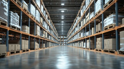 Fototapeta premium A spacious industrial warehouse filled with shelves stacked with pallets and boxes, highlighting storage, logistics, and supply chain management.