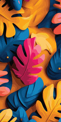 Obraz premium Captivating arrangement of colorful tropical leaves featuring rich blues, pinks, and yellows vibrant artwork is perfect for adding tropical flair to any space