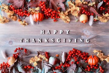 Happy Thanksgiving day holiday autumn background with Happy Thanksgiving letters, seasonal autumn...
