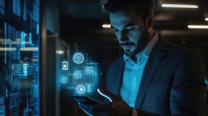 A businessman in a modern office interacts with holographic digital icons while using a smartphone. The scene focuses on technology, cybersecurity, and network communication.