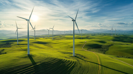 Large wind farm with rows of turbines stretching into the distance, surrounded by green fields, representing the future of renewable energy