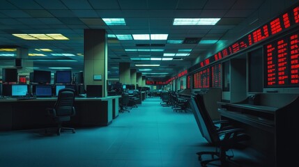 A busy trading floor filled with traders at computer stations. Red screens display financial data and stock trends, creating an intense and high-tech atmosphere.