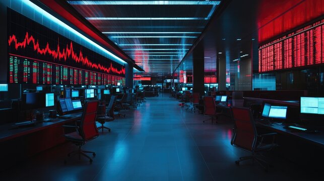 A busy trading floor filled with traders at computer stations. Red screens display financial data and stock trends, creating an intense and high-tech atmosphere. - Powered by Adobe