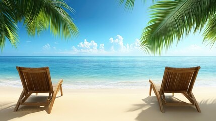 Two wooden lounge chairs on a white sandy beach with palm trees, turquoise water and a clear blue sky.