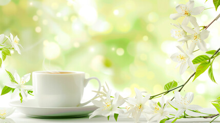 Tranquil morning with blossoms and steaming jasmine tea against soft green bokeh