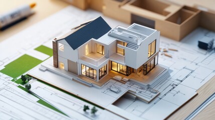 A 3D house model displayed over floor plans, illustrating a detailed interior layout. The design emphasizes modern open spaces and furniture arrangement for a realistic architectural presentation.