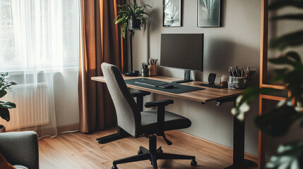 Fototapeta premium Stylish ergonomic home office with a standing desk, sleek chair, clean lines, and proper posture-focused equipment