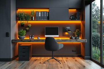 A modern office with a black desk and chair, a computer monitor, and a keyboard