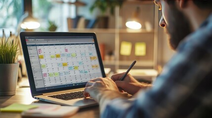 A man works on his laptop, managing his calendar and tasks with sticky notes in a cozy home office environment.