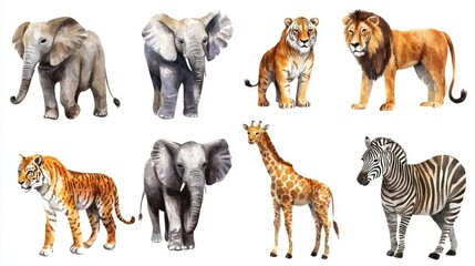 Naklejka premium Watercolor illustrations of eight African animals isolated on white background. The animals include an elephant, a tiger, a lion, a giraffe, and a zebra.