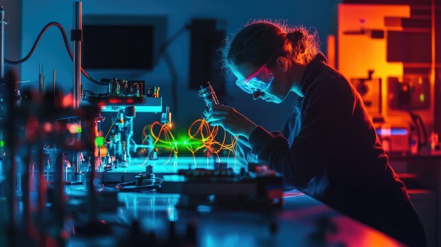 A female scientist wearing protective glasses works on advanced futuristic technology in a high-tech laboratory filled with digital holograms and glowing data displays.