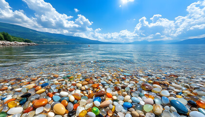 The sea is full of colorful pebbles, and the pebble beach on both sides is covered with many colored glass stones