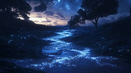 A magical river flows through a dark forest, illuminated by twinkling blue lights.