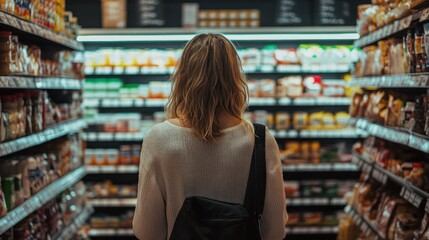 Fototapeta premium Young woman compares products in a store It shows the behavior of consumers in an informed way. Buy good and useful products thrifty and prudent