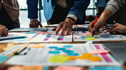 Collaborative business strategy meeting with diverse team analyzing data and charts, strategic roadmap, meeting, business and analytics, top view 