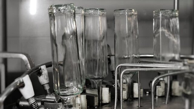 Industrial washing of empty rectangular glass bottles on automated production line.