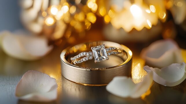 Wedding Rings with Rose Petals